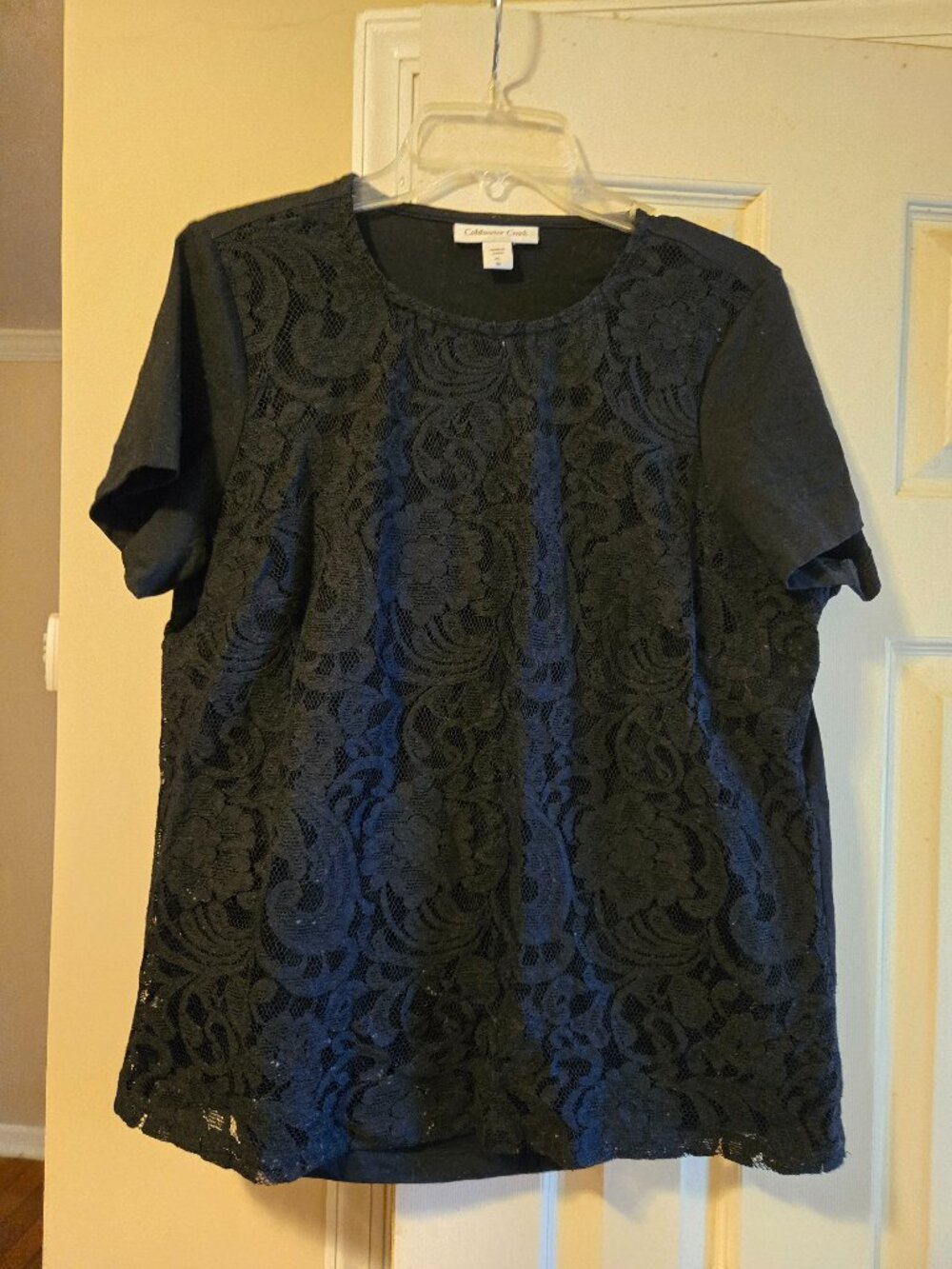 XL black Coldwater Creek short sleeve tee, front lace, back tee material